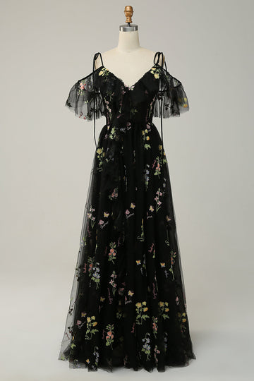 Black A-Line Cold Shoulder Embroidery Long Ball Dress with Slit